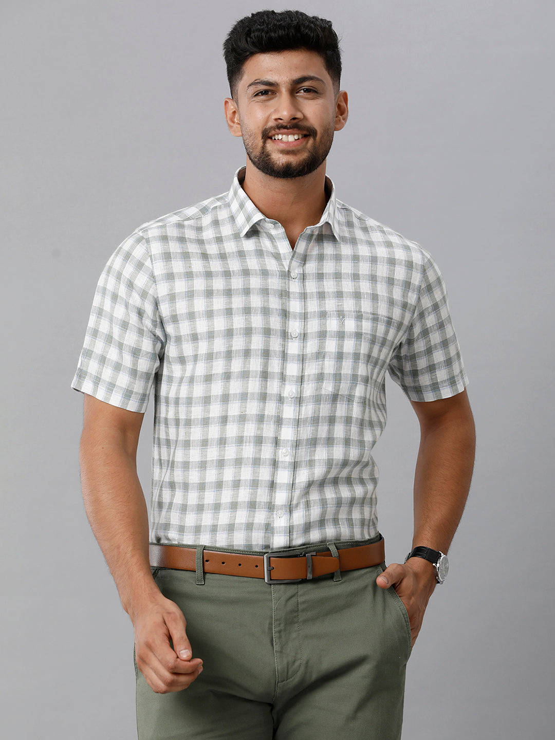 RAMRAJ COTTON Men Linen Solid Half Sleeve Green Shirt