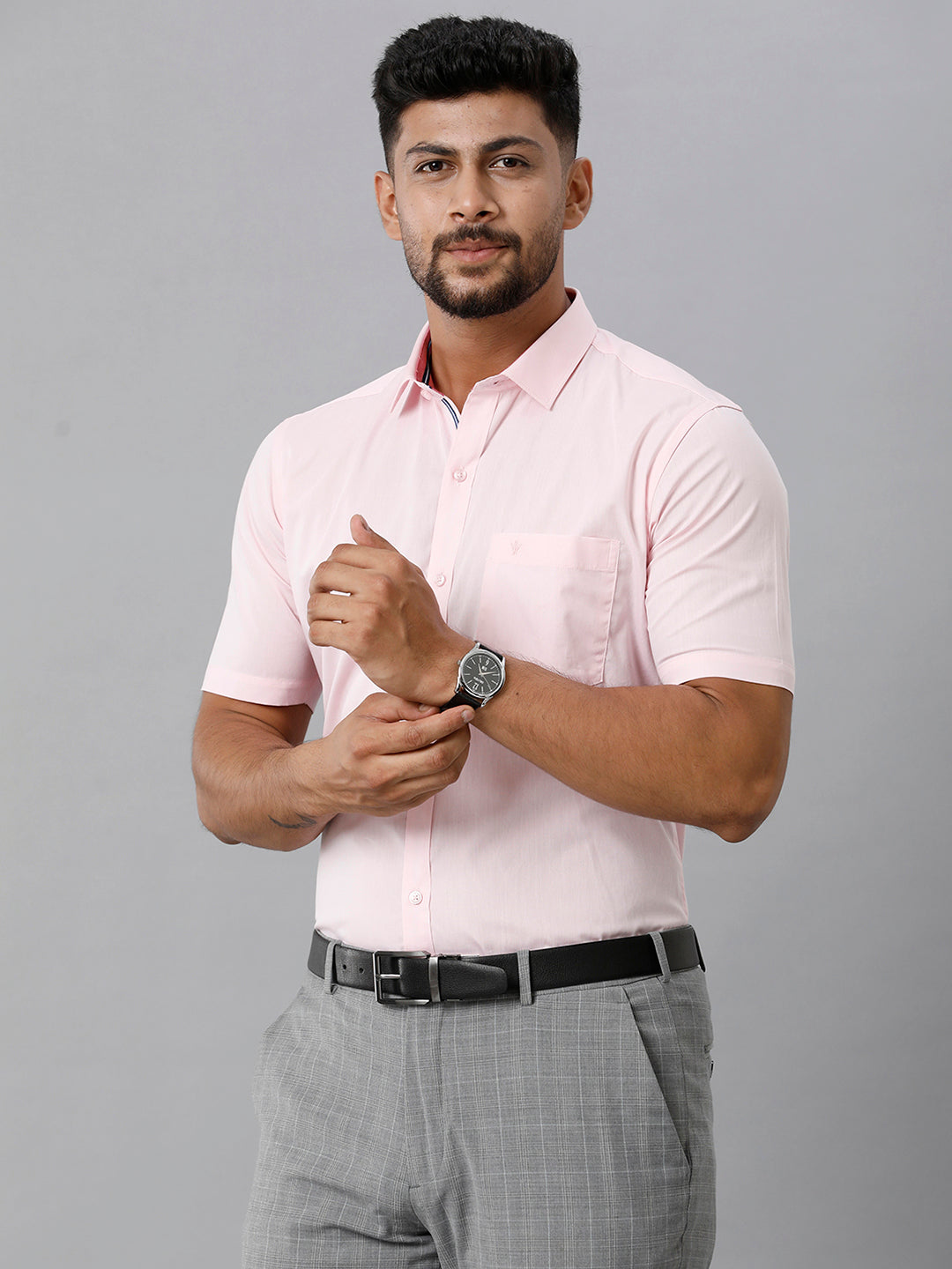 Mens Premium Cotton Formal Shirt Half Sleeves Light Pink MH G115-Side view
