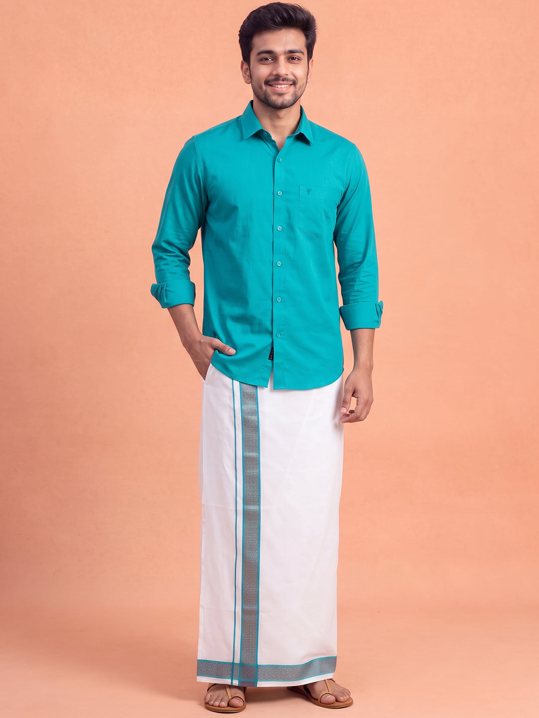 100% Cotton Jungle Green Shirt and Colour Jari Border Dhoti Set BT11