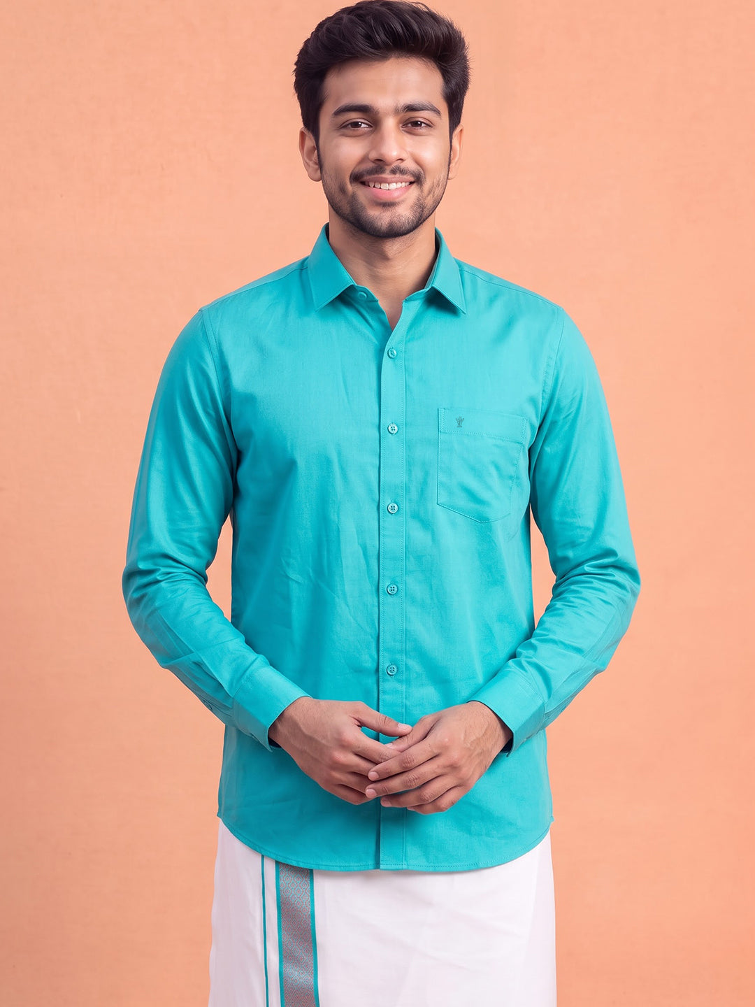 100% Cotton Jungle Green Shirt and Colour Jari Border Dhoti Set BT11