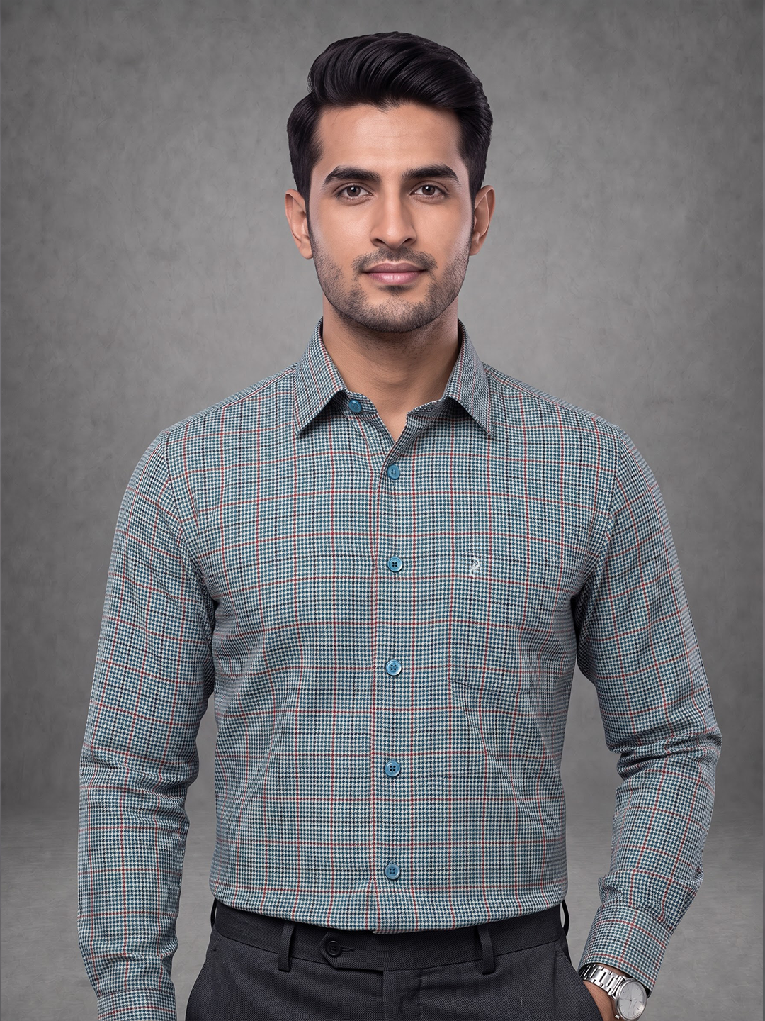 Prima Club Premium Cotton Dobby Teal Blue Checked Regular Fit Shirt SRAQ2