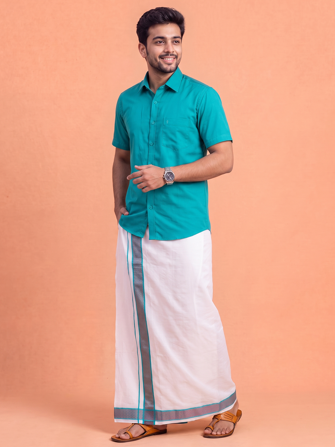 100% Cotton Jungle Green Shirt and Colour Jari Border Dhoti Set BT11