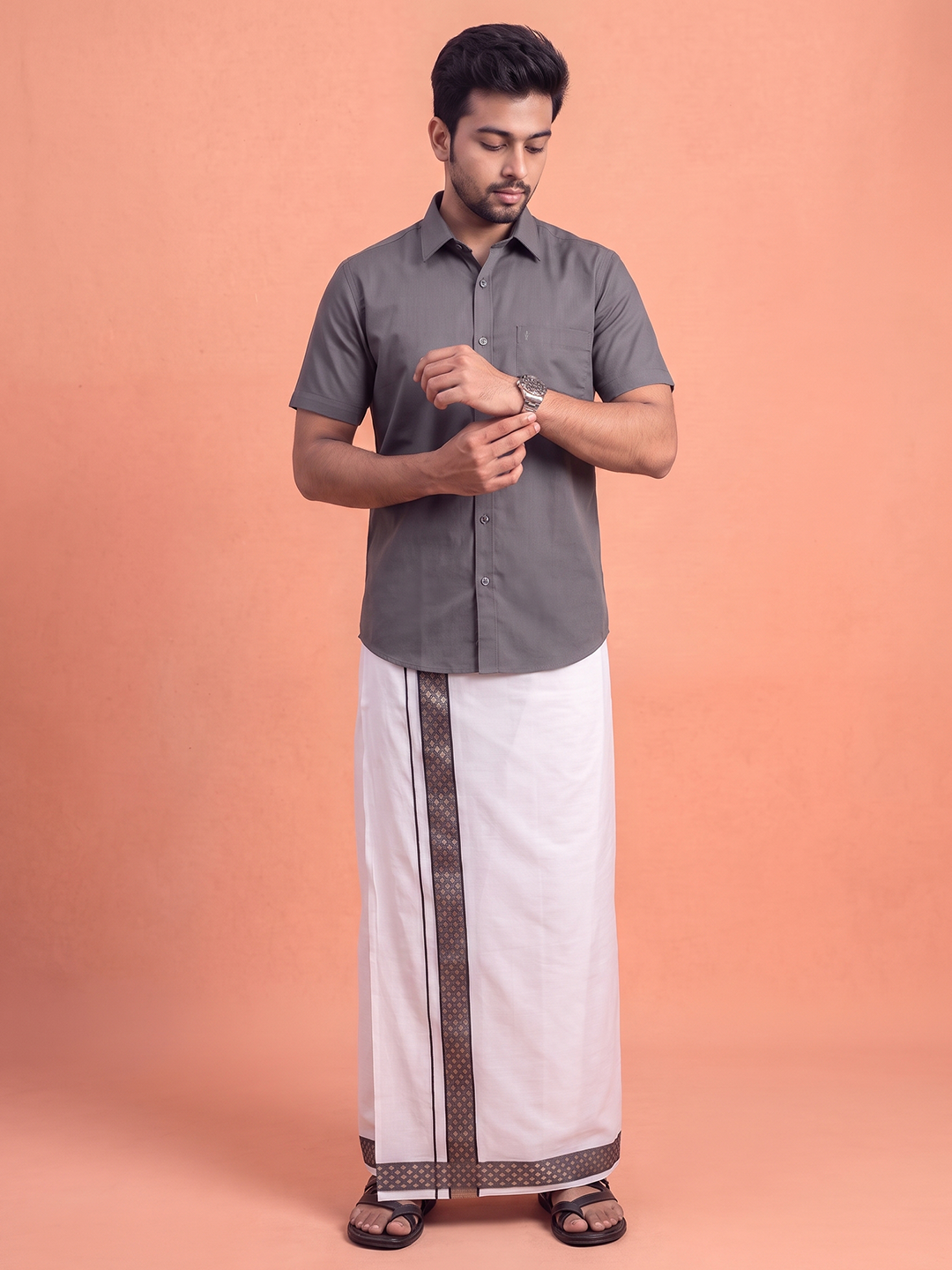 100% Cotton Shuttle Grey Shirt and Colour Jari Border Dhoti Set BT6