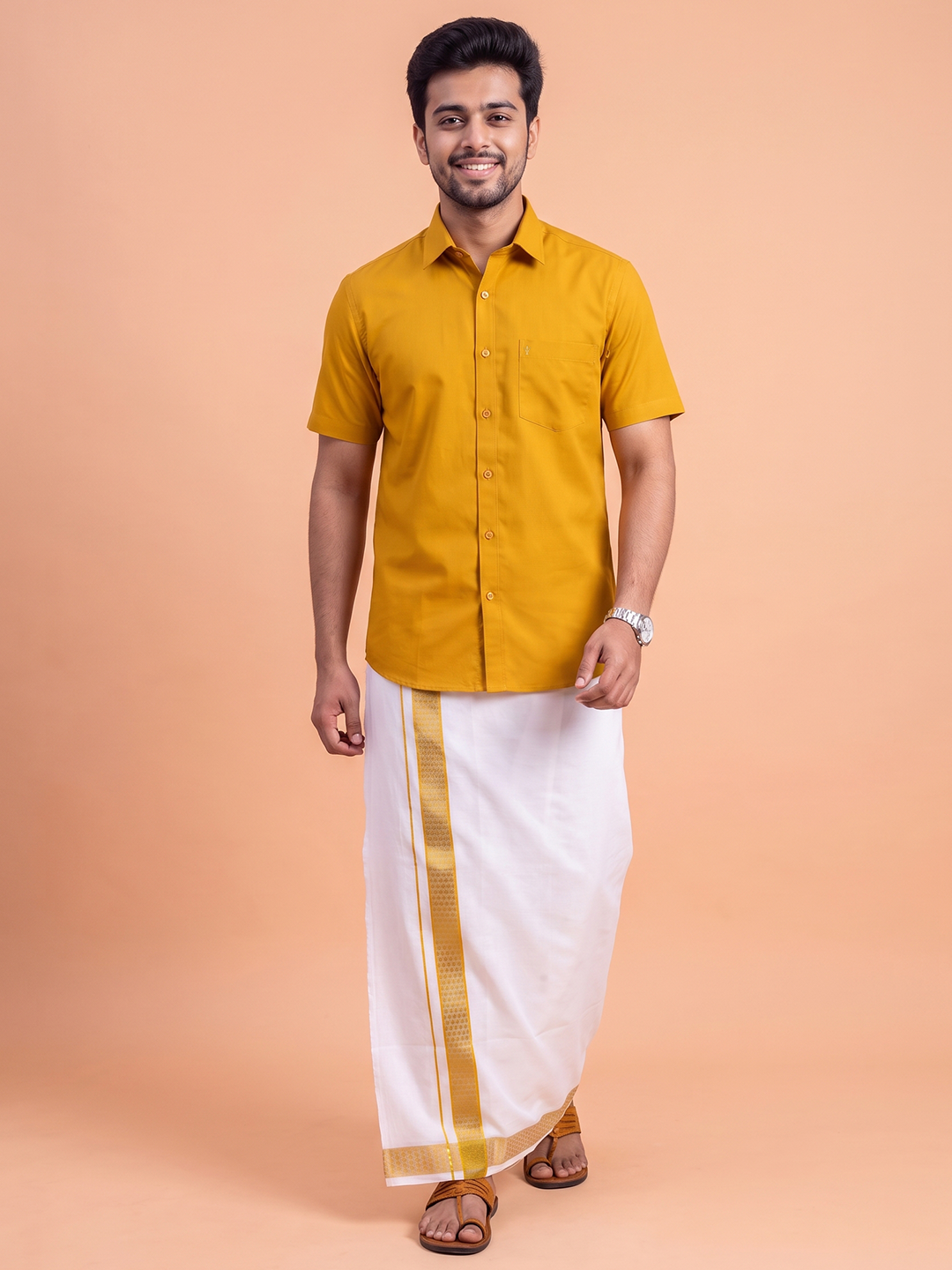 100% Cotton Orange Shirt and Colour Jari Border Dhoti Set BT4