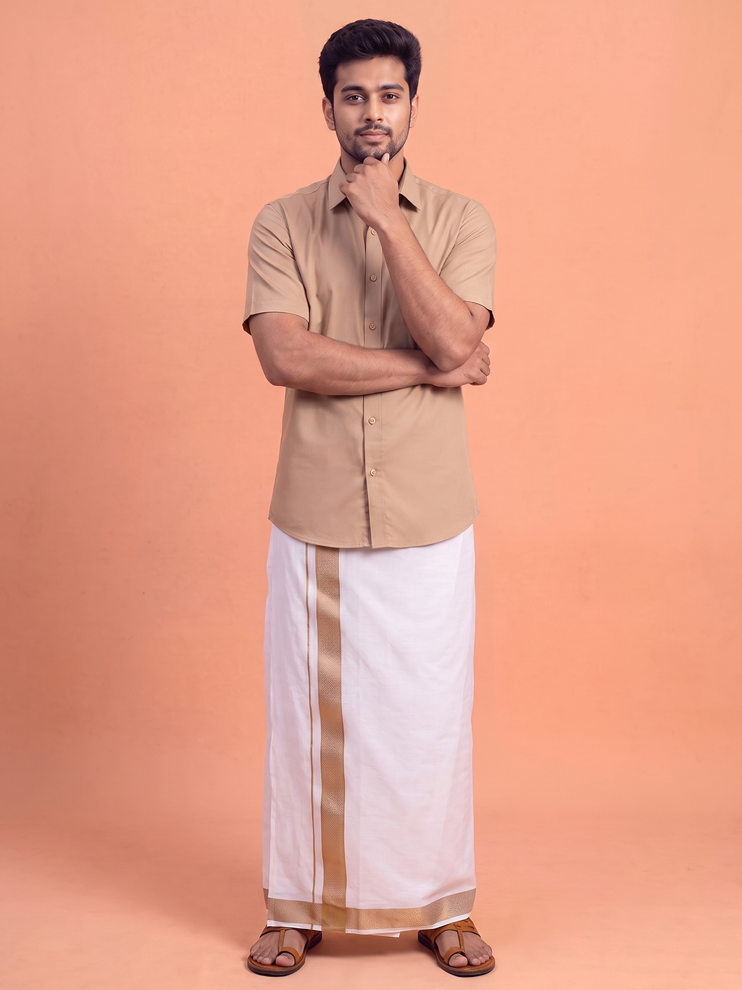 100% Cotton Brown Shirt and Colour Jari Border Dhoti Set BT1