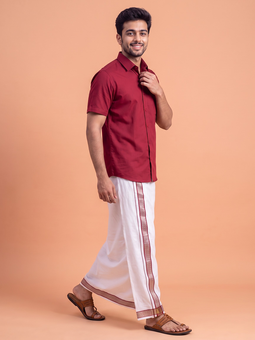 100% Cotton Cherry Wood Shirt and Colour Jari Border Dhoti Set BT8