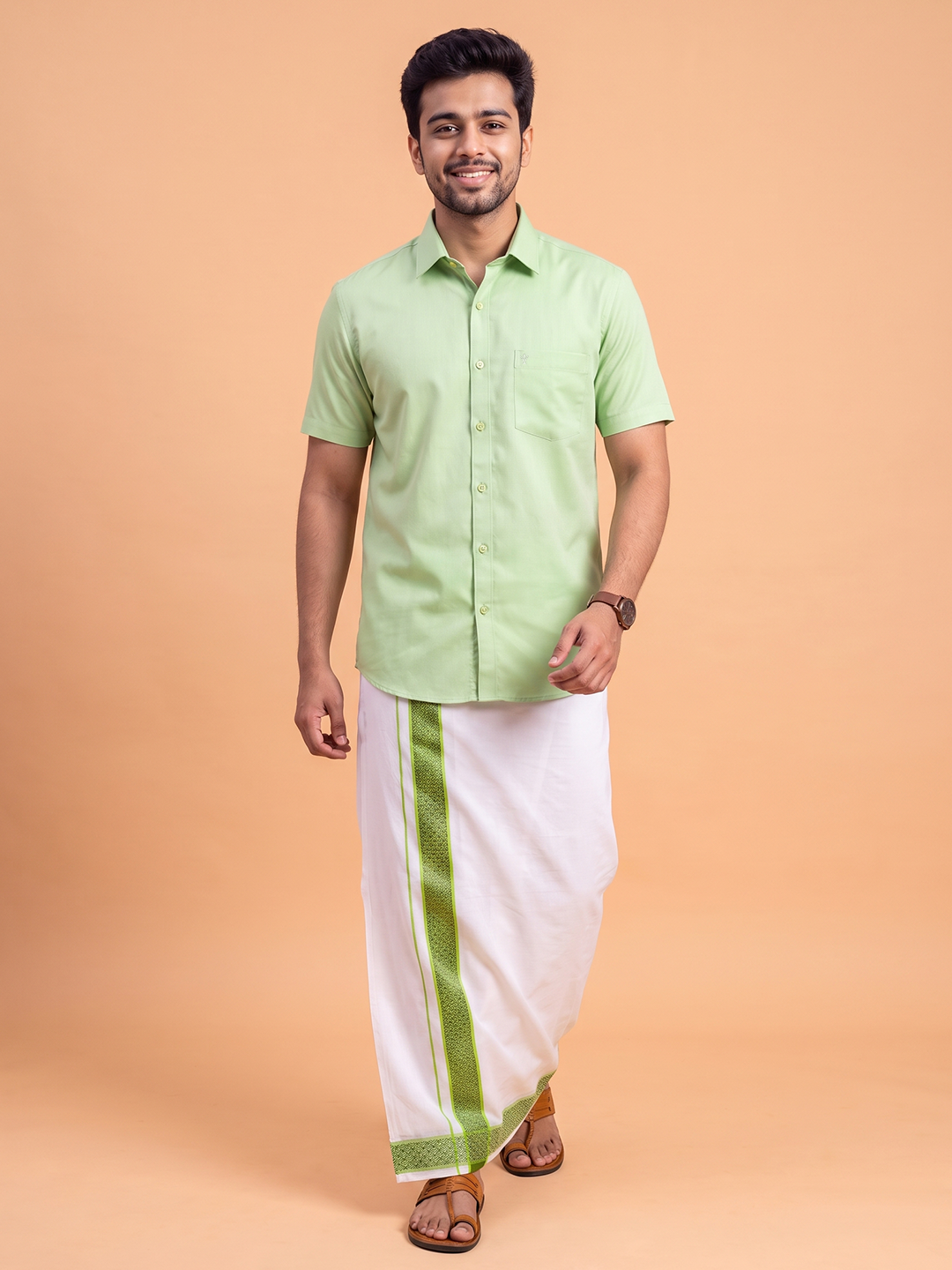 100% Cotton Green Shirt and Colour Jari Border Dhoti Set BT3