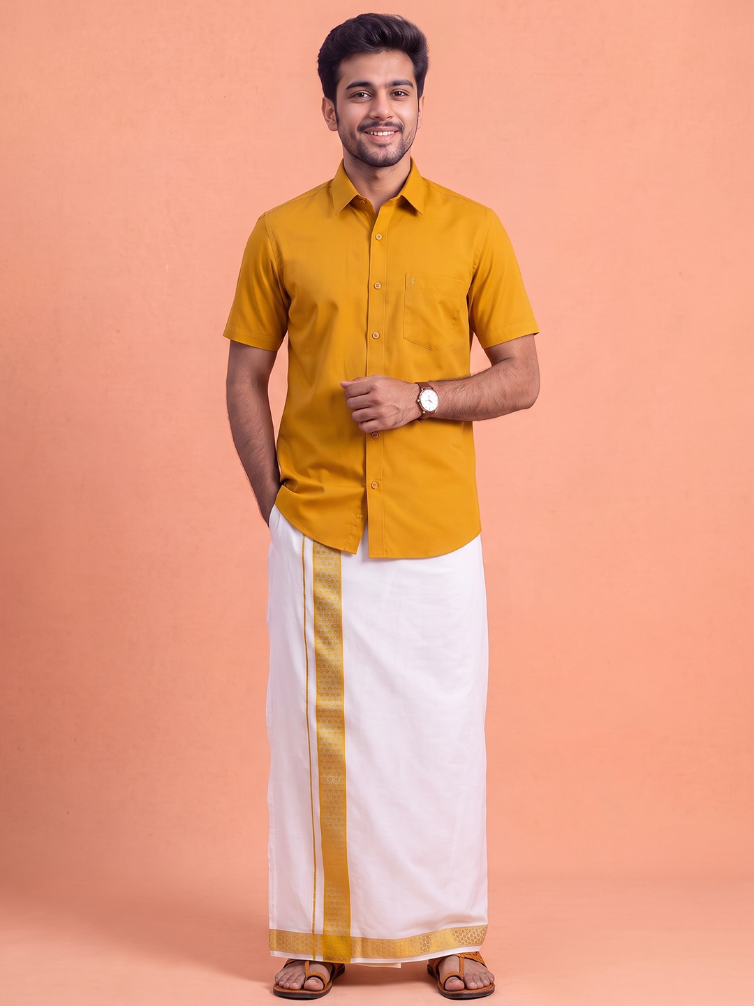 100% Cotton Orange Shirt and Colour Jari Border Dhoti Set BT4