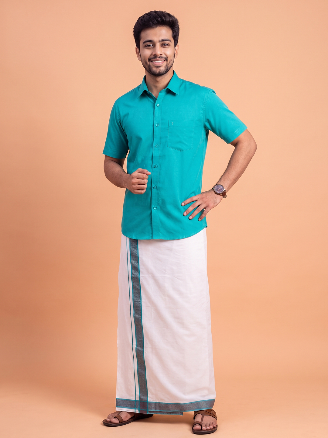 100% Cotton Jungle Green Shirt and Colour Jari Border Dhoti Set BT11