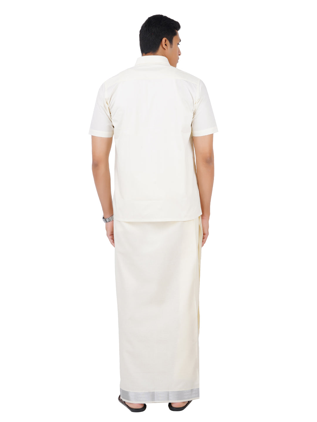 Mens Double Dhoti Cream with Silver Jari Border Silver Cloud Plain-Back view