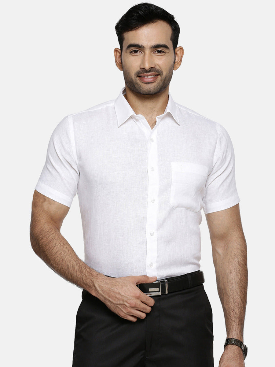Mens Uniform Pure Linen White Shirt Half Sleeves
