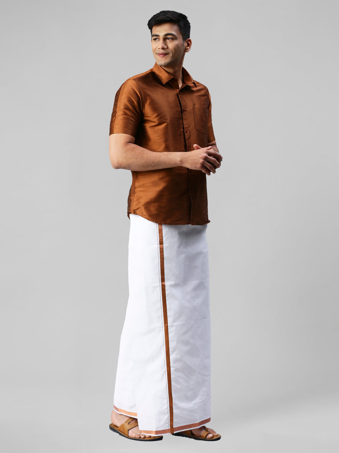 Mens Copper Half Sleeves Shirt with Jari Dhoti Set Glory-Side view