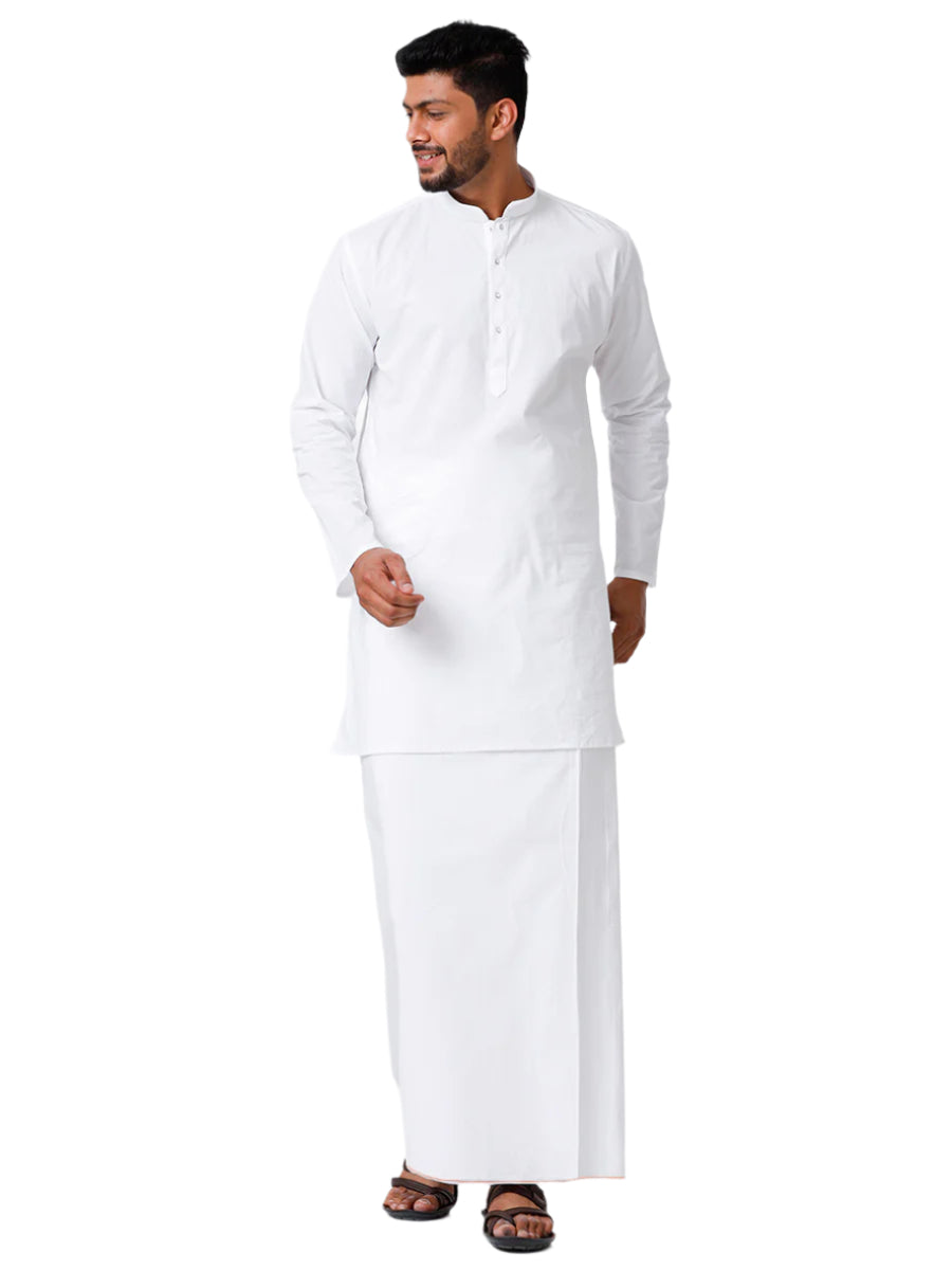 Mens Cotton Full Sleeve White Medium Kurta with Stitched Prayer Dhoti Combo Al Madinaa