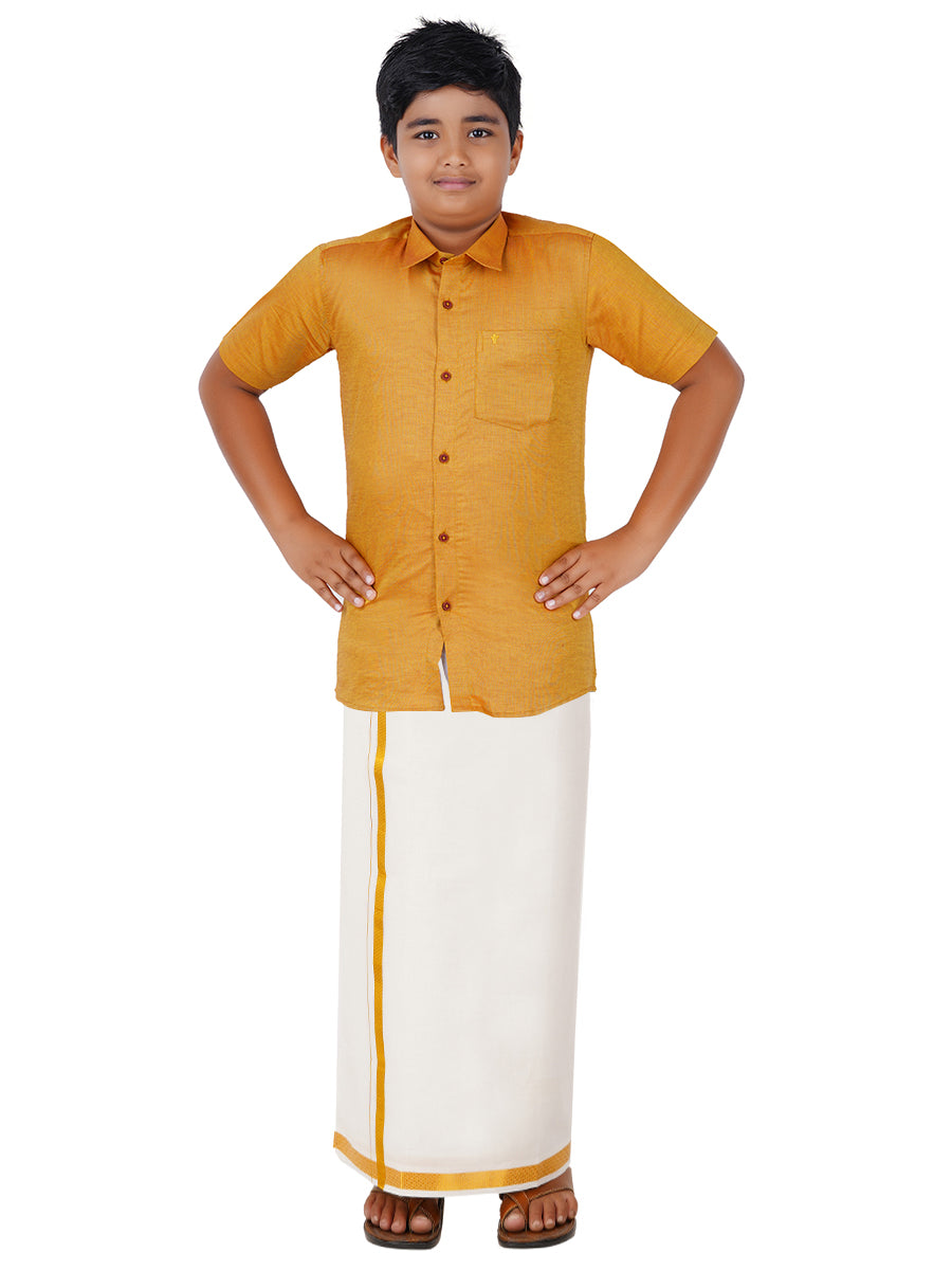 Boys Giza Cotton Shirt & White Dhoti Set Golden GL7-Front view