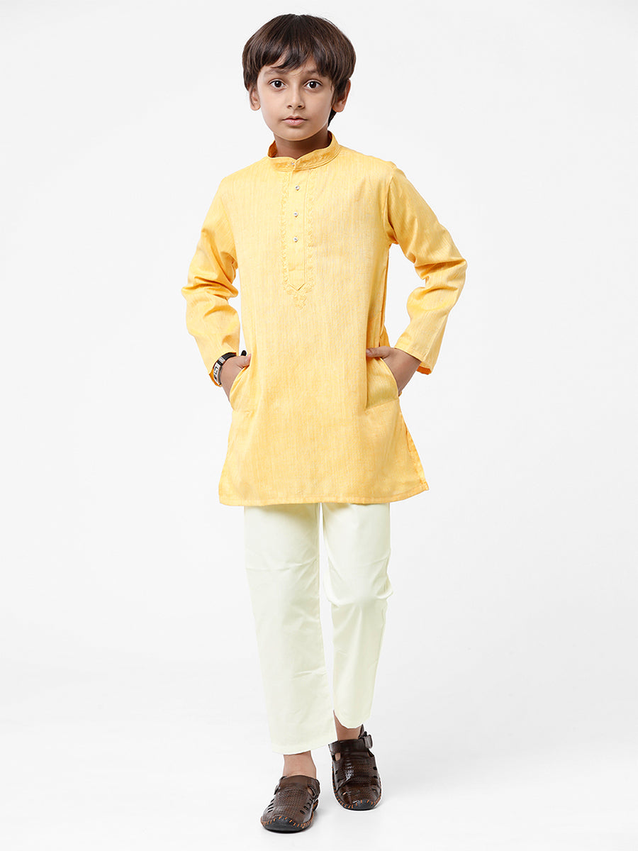 Boys Best Kurta Pyjama Set Yellow-Front view