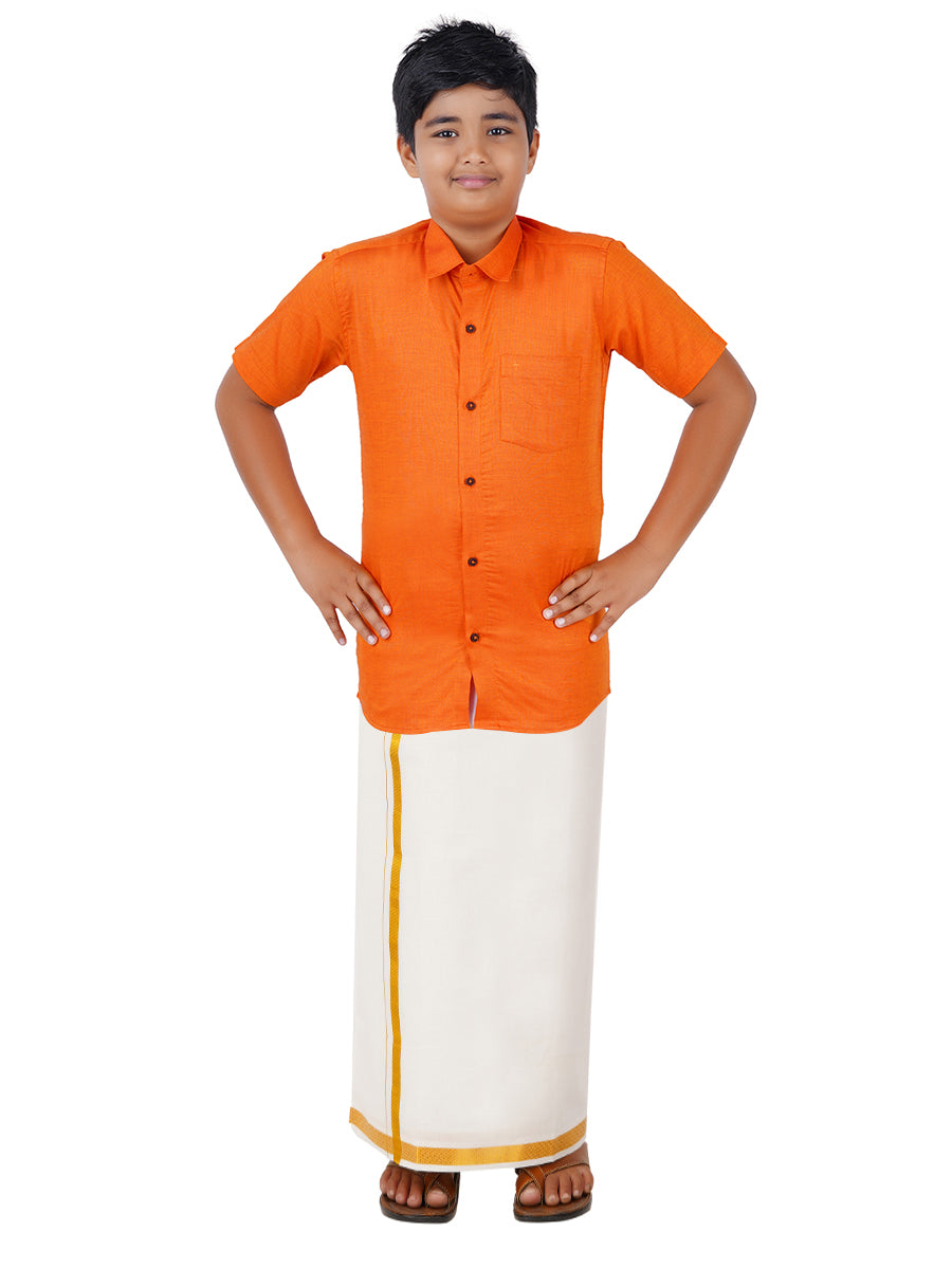 Boys Giza Cotton Shirt & White Dhoti Set Orange GL1-Front view