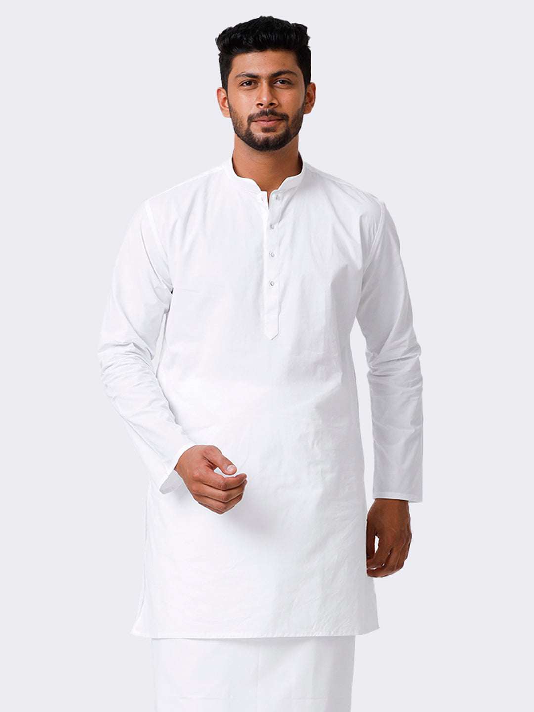 Mens Cotton Solid Full Sleeve White Medium Length Kurta