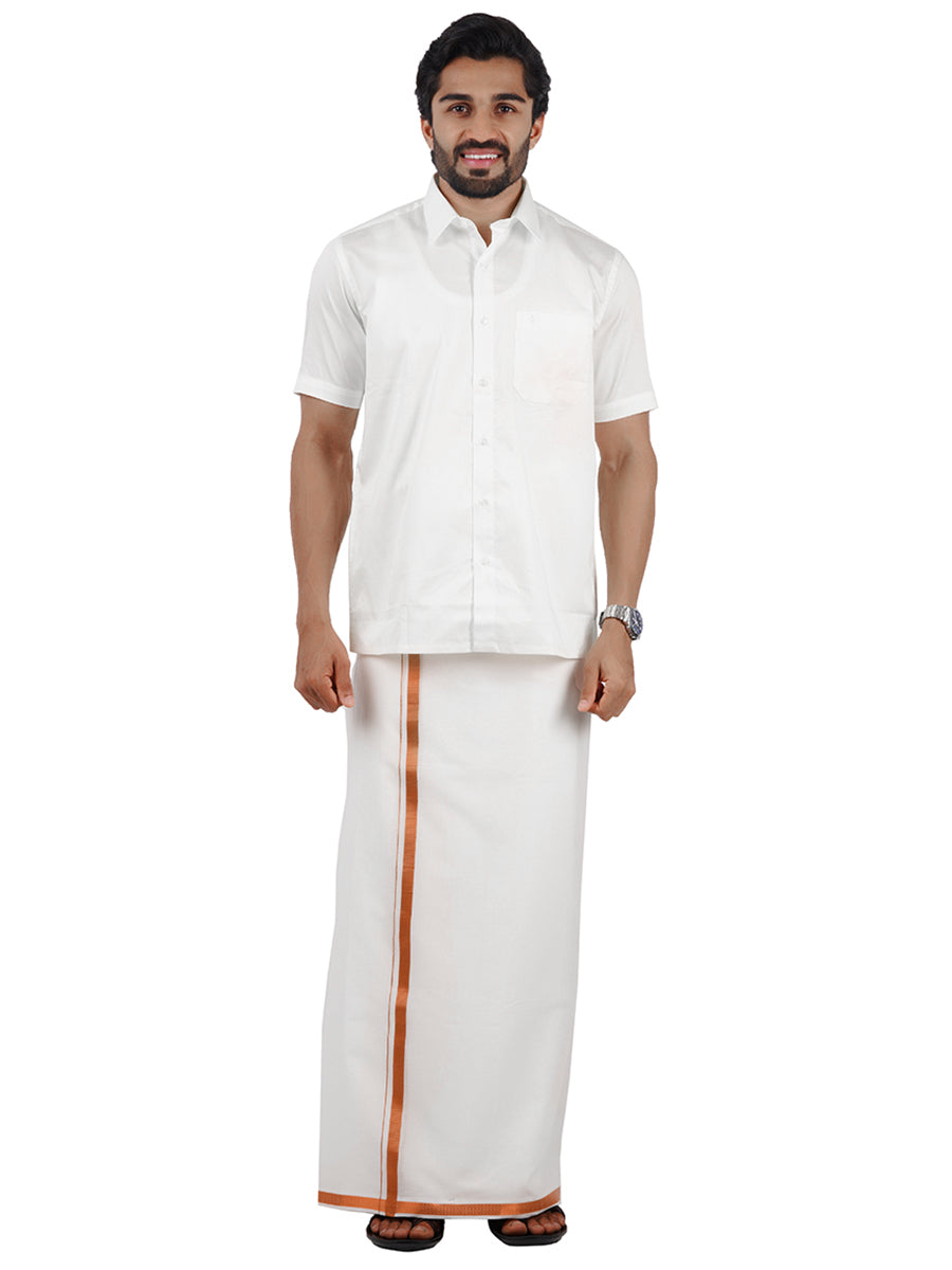 Mens Single White Dhoti with  3/4" Copper Jari-Full view