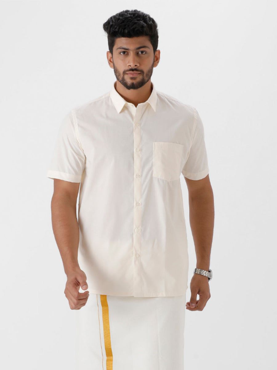 Mens Cotton Cream Shirt Half Sleeves Kalyan Cotton