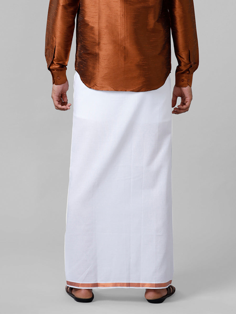Mens Adjustable Single Dhoti White with Copper Jari 3/4"-Back view