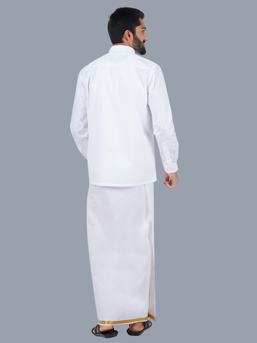 Mens 100% Cotton White Full Sleeves Shirt with 3/4'' Gold Jari Single Dhoti Combo-Back view