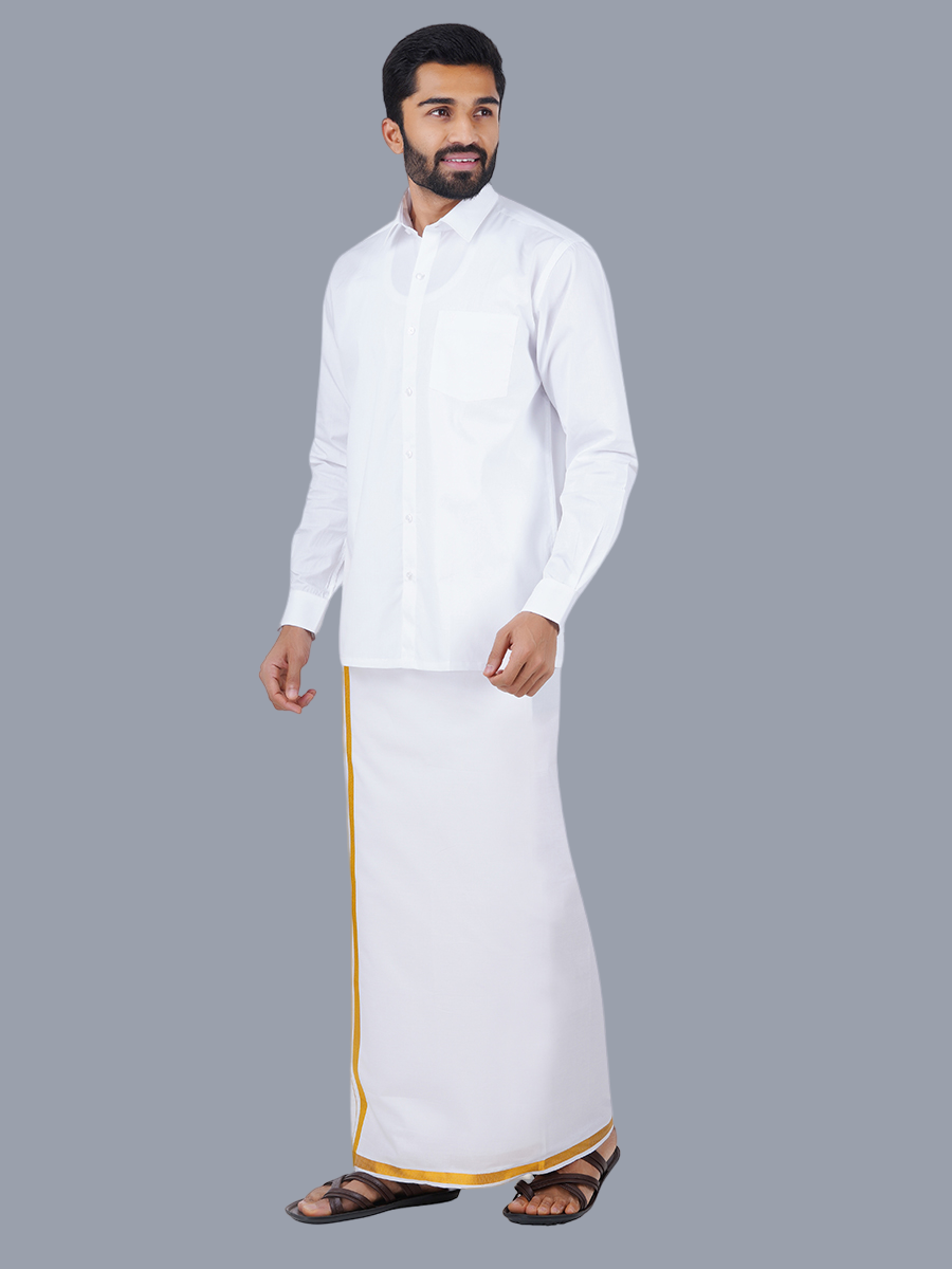 Mens 100% Cotton White Full Sleeves Shirt with 1/2'' Gold Jari Single Dhoti Combo