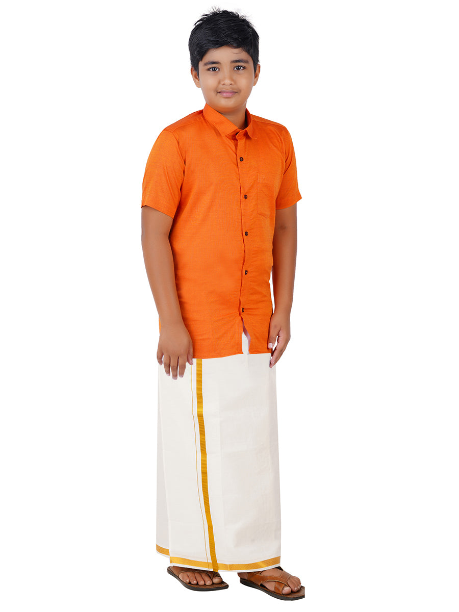 Boys Giza Cotton Shirt & White Dhoti Set Orange GL1