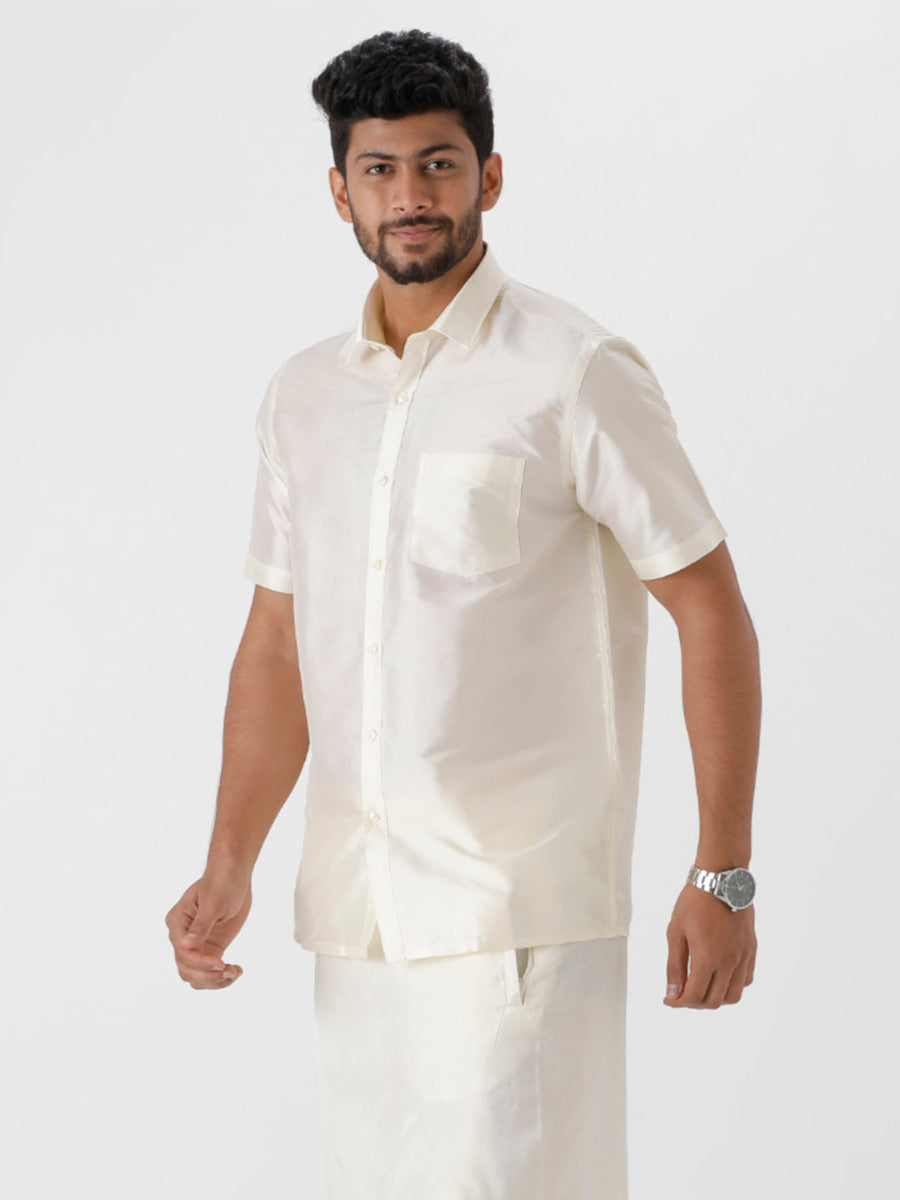 Mens Silk Look Half Sleeves Shirt Cream-Side view