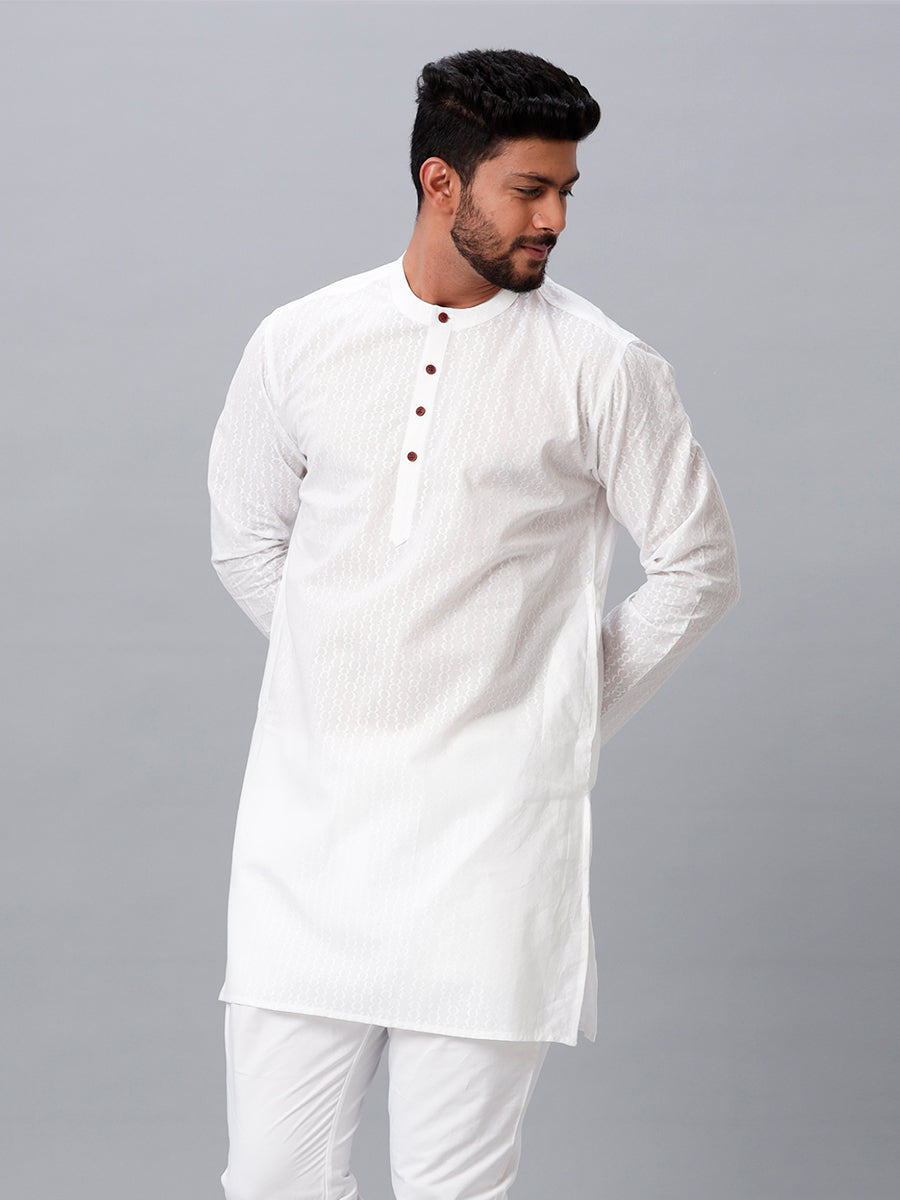 Mens Cotton White Full Sleeves Self Design Medium Length Kurta RD15-Front view