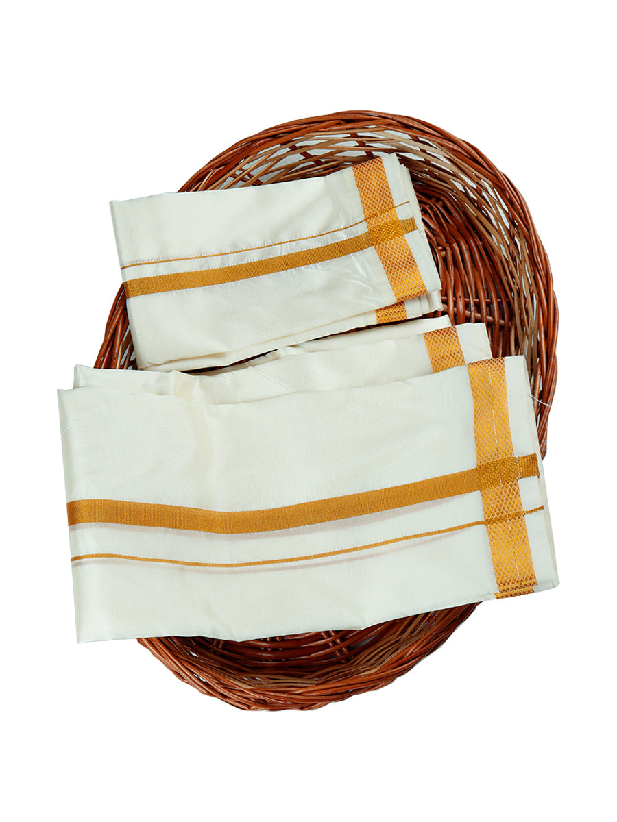 Mens Cream Art Silk Full Sleeves Shirt, Double Dhoti+Towel with Belt Combo-Full view