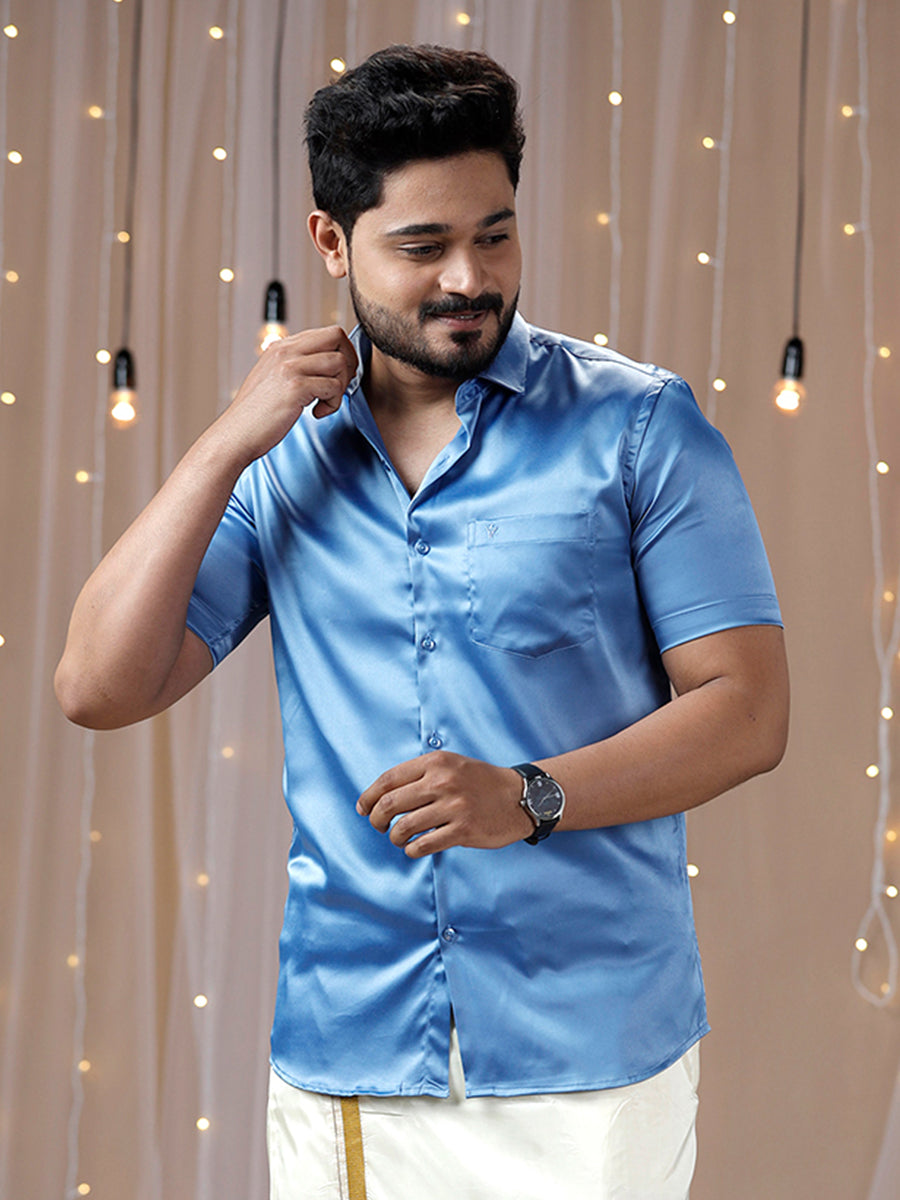 Mens Party Wear Sky Blue Half Sleeves Colour Shirt PSS6-Front view