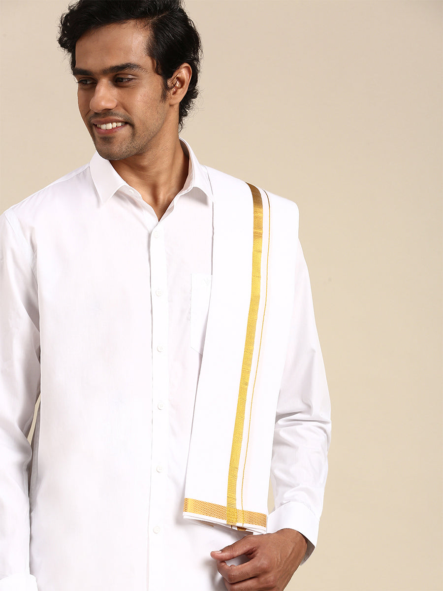 Mens Combo Set White Dhoti,Shirt Bit&Towel 1/2" Gold Jari Vaisant