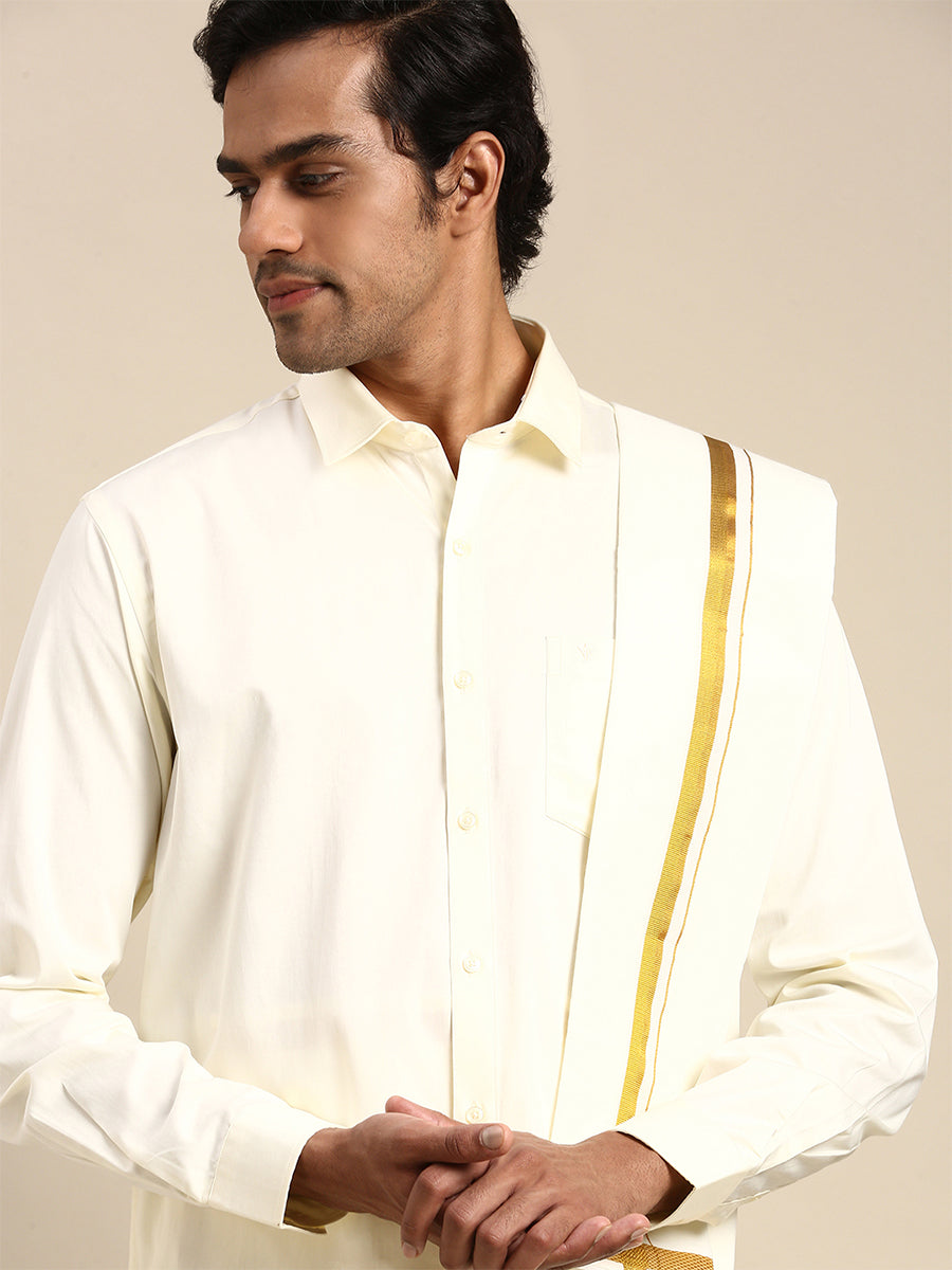 Premium Wedding Cream Regular Dhoti, Shirt & Towel Set Arathi 3/4"-Zoom view