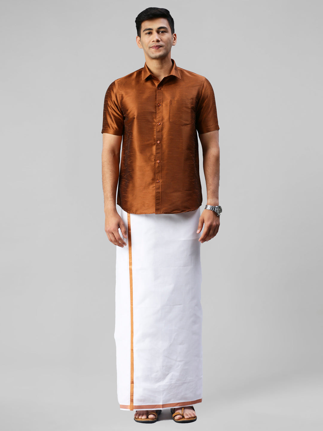 Mens Copper Half Sleeves Shirt with Jari Dhoti Set Glory