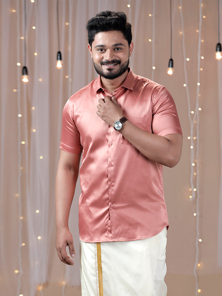 Mens Party Wear Dark Peach Half Sleeves Colour Shirt PSS3