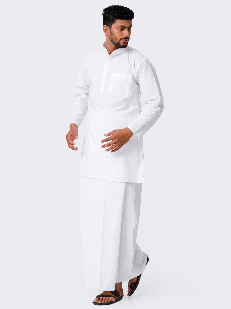 Mens Cotton Full Sleeve White Medium Kurta Top with Stitched Prayer Dhoti Combo Al Mashoor-Side view