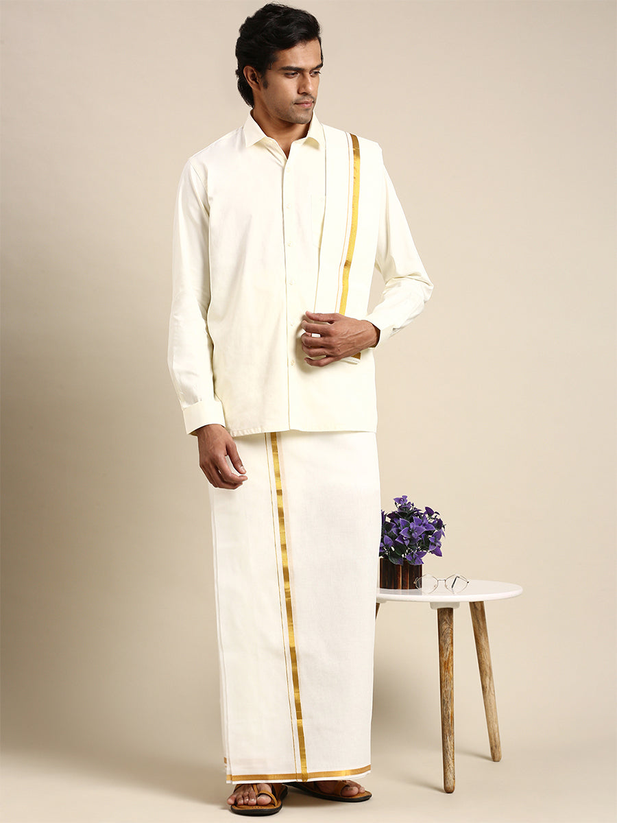 Mens Full Sleeves Cream Shirt with Gold Jari 1/2" Double Dhoti,Towel Combo-Front view