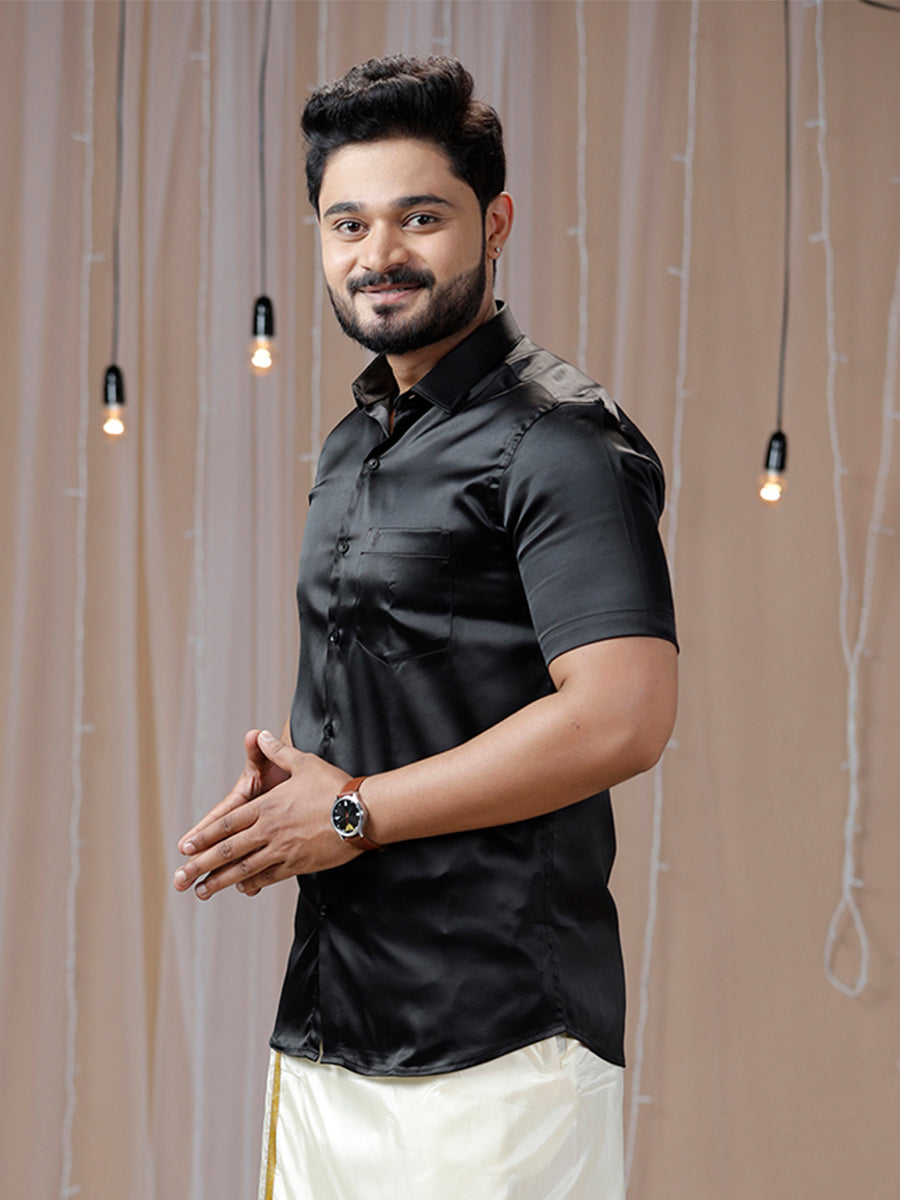 Mens Party Wear Black Half Sleeves Colour Shirt PSS5-Side view