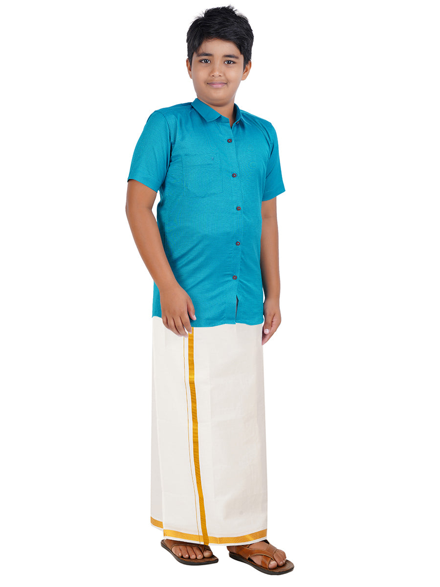 Boys Giza Cotton Shirt & White Dhoti Set Blue GL15