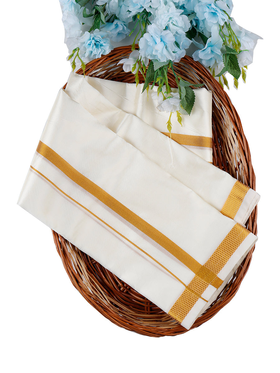 Mens Cream Double Dhoti +Towel Set with Gold Jari Iswaryam Spl 3/4-view one\