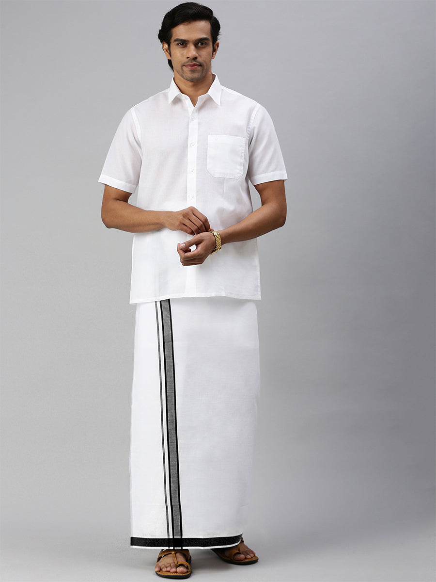 Men Double Layer White Dhoti with Fancy Border Aaral Black