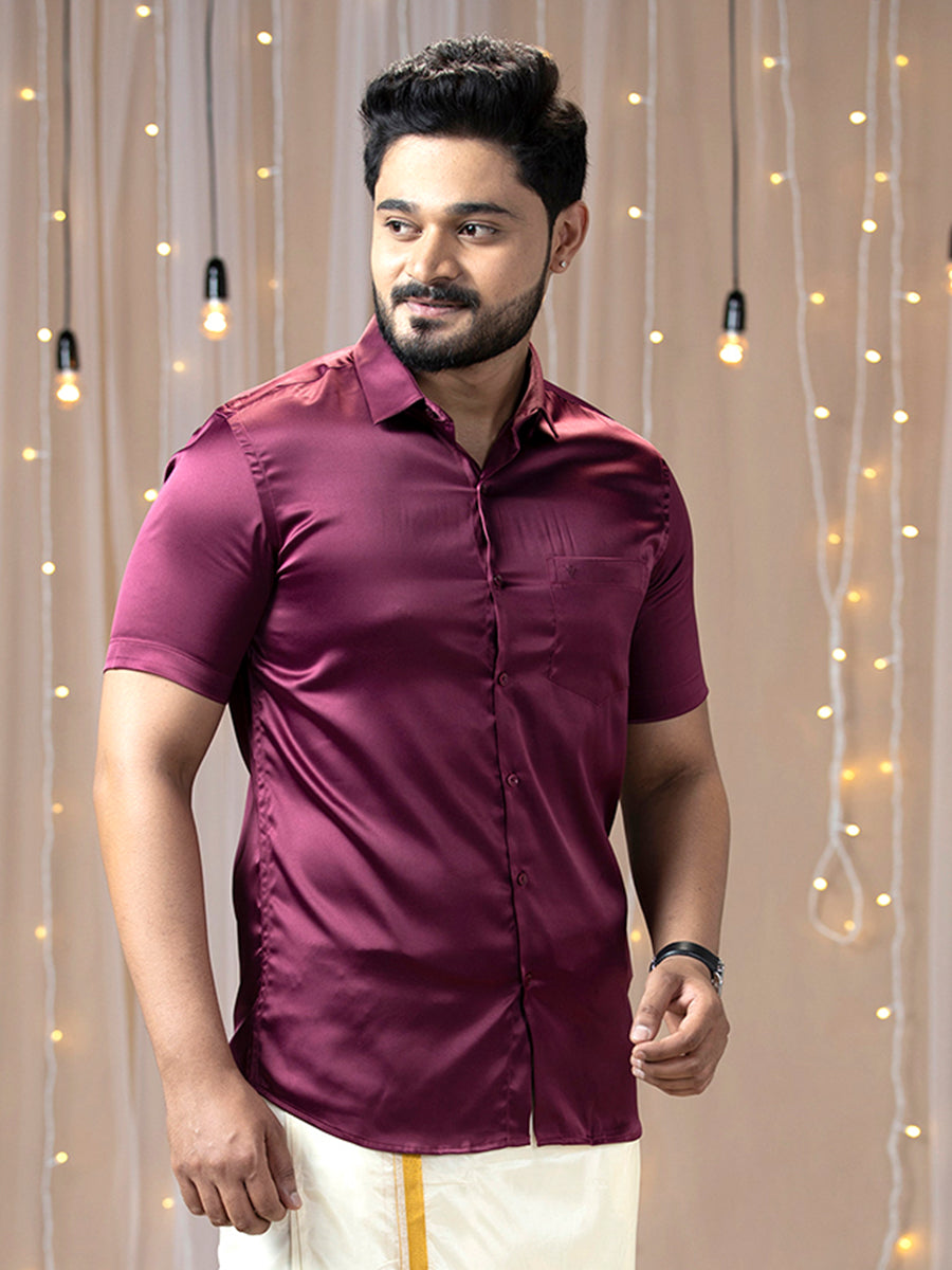 Mens Party Wear Purple Half Sleeves Colour Shirt PSS7-Side view