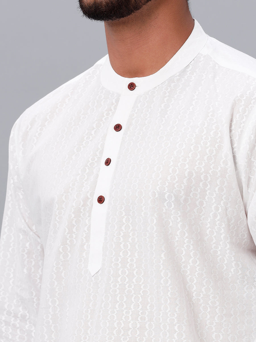 Mens Cotton White Full Sleeves Self Design Medium Length Kurta RD15-Zoom view