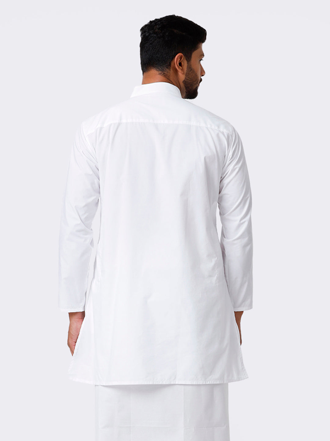 Mens Cotton White Full Sleeve Medium Length Kurta Top-Back view