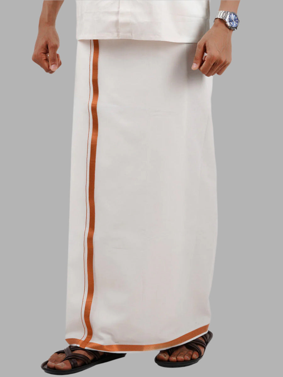 Mens Single White Dhoti with  3/4" Copper Jari
