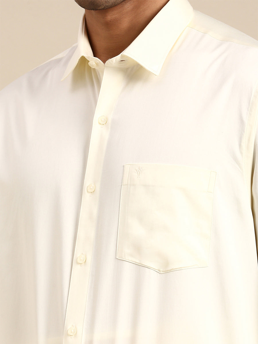 Mens Full Sleeves Cream Shirt with Gold Jari 1/2" Double Dhoti,Towel Combo-Zoom view