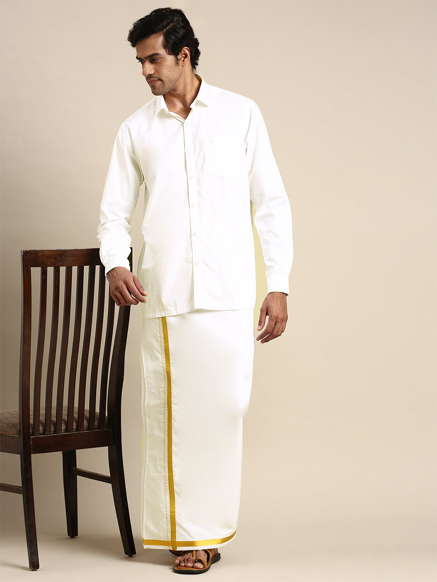 Mens Wrinkle Free Single Dhoti Cream with Gold Jari 3/4" Silver Sun-Full view