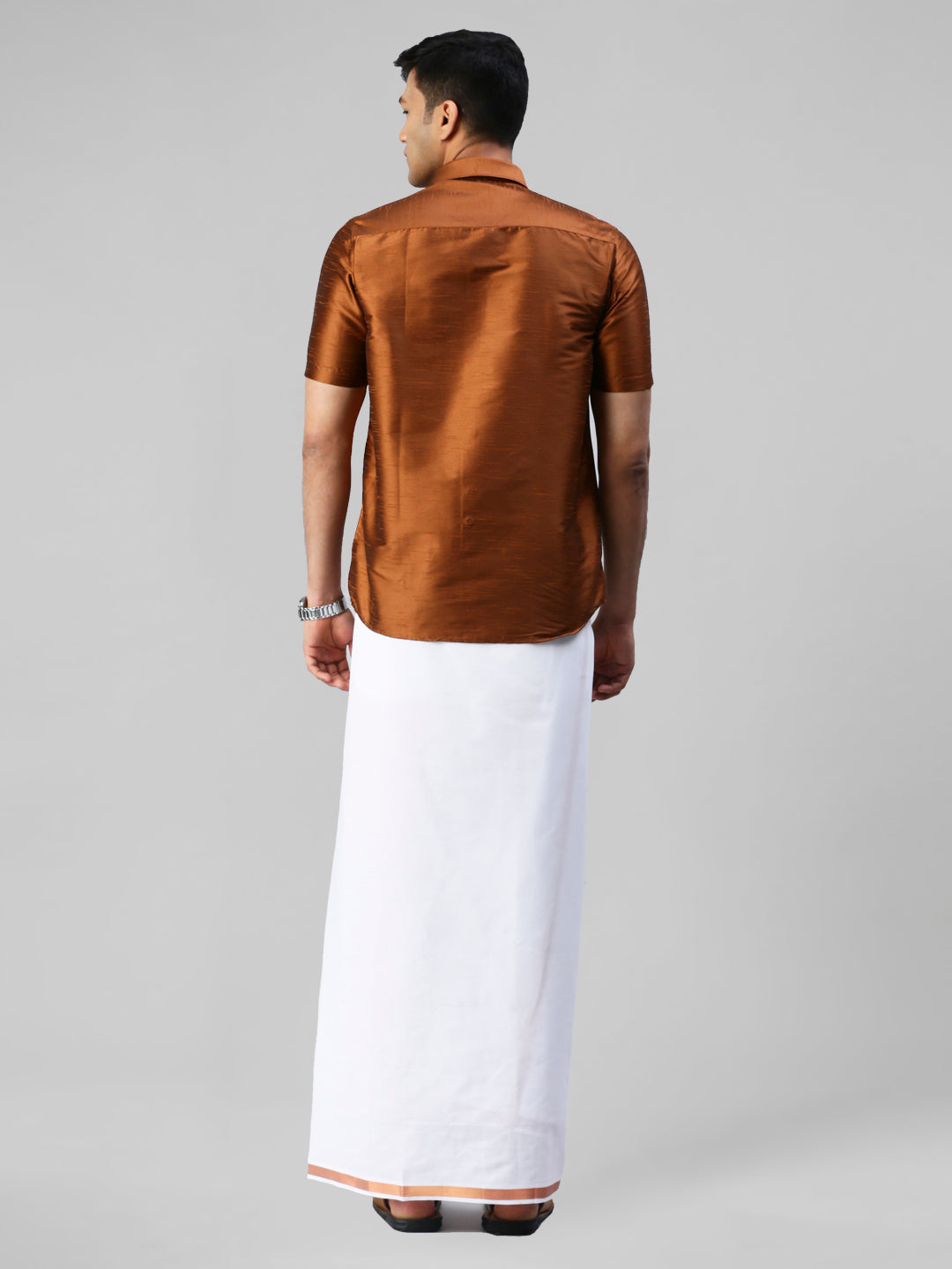 Mens Copper Half Sleeves Shirt with Jari Dhoti Set Glory-back view\