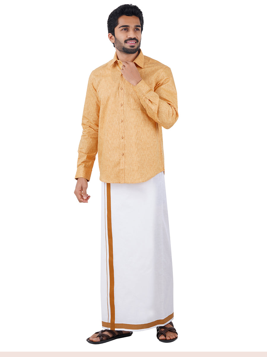 Mens Readymade Adjustable Dhoti with Matching Shirt Full Mustard C1-Front view