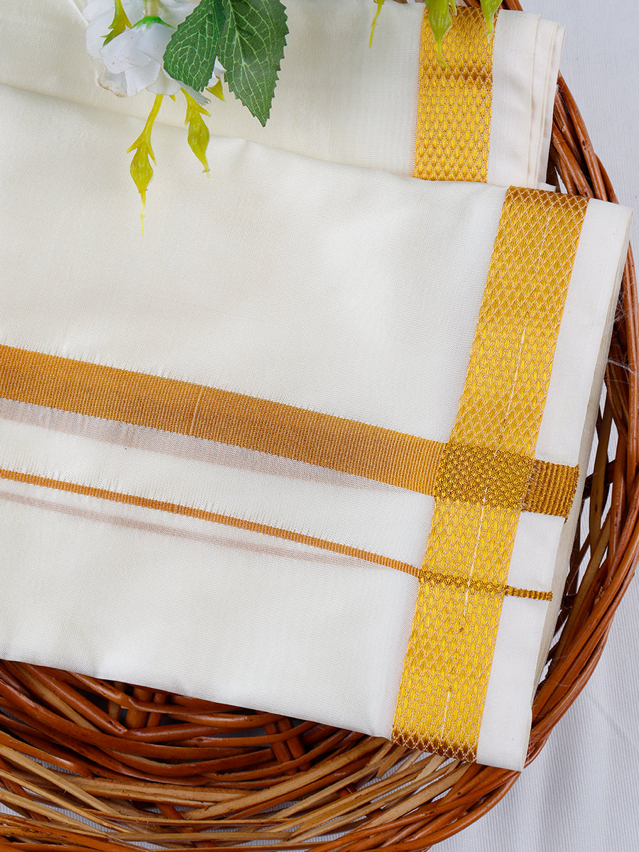 Mens Cream Double Dhoti +Towel Set with Gold Jari Amirtha Yoga 3/4-View three